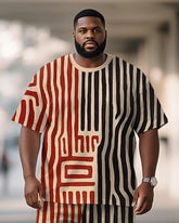 Men's Plus Size Black Red Stripe Geometric Print Short Sleeve T-Shirt Shorts Suit
